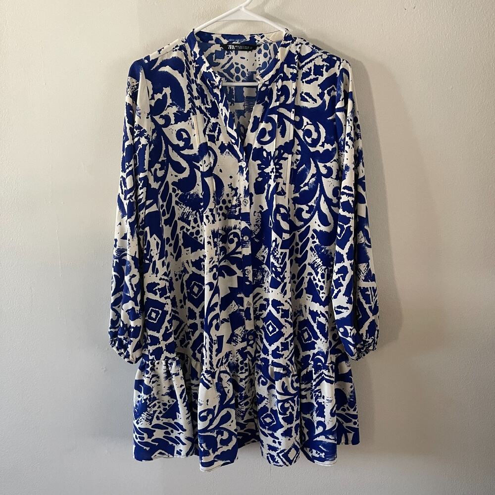 Zara Dress Women XL Blue White Ruffle Hem Long Sleeve